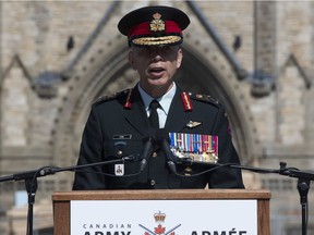 Lieutenant-General Wayne Eyre speaks during a change of command parade for the Canadian Army on Parliament Hill Tuesday, August 20, 2019 in Ottawa.