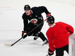 Jacob Bernard-Docker skates during his first full practice with his new Ottawa Senators teammates, April 13, 2021.