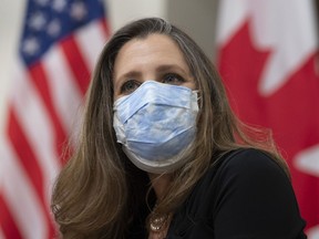 Deputy Prime Minister and Minister of Finance Chrystia Freeland participates in meetings with Canadian Prime Minister Justin Trudeau and virtually with United States President Joe Biden on Parliament Hill in Ottawa, Tuesday Feb. 23, 2021.