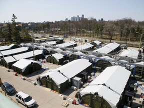 A field hospital in the parking lot at Sunnybrook Hospital on Wednesday April 7, 2021.
