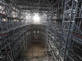 A general view of the main scaffolding under the vaults at the reconstruction site during a visit of the French President at the Notre-Dame de Paris Cathedral, which was damaged in a devastating fire two years ago, as restoration works continue, in Paris, France, April 15, 2021.