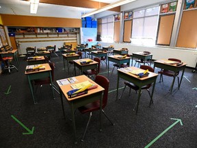 A grade six classroom awaits students at Hunter's Glen Junior Public School, part of the Toronto District School Board (TDSB).