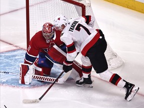 Apr 3, 2021; MOttawa Senators left wing Brady Tkachuk scores a goal against Montreal Canadiens goaltender Carey Price during the first period at Bell Centre on Saturday.