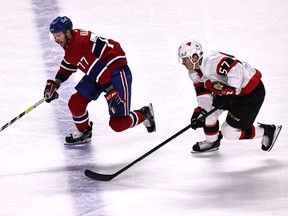 Ottawa Senators centre Shane Pinto plays against 
Montreal Canadiens defenceman Brett Kulak
during the third period at Bell Centre, April 17, 2021.