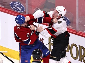 Montreal Canadiens defenceman Shea Weber and Ottawa Senators left wing Brady Tkachuk fight during the first period at Bell Centre.
