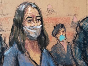 FILE PHOTO: British socialite Ghislaine Maxwell appears during her arraignment hearing on a new indictment at Manhattan Federal Court in New York City, New York, U.S. April 23, 2021, in this courtroom sketch.