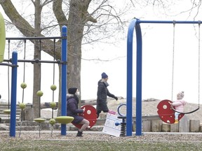 Crowds were small at the Beach and a few people used the playground near the Olympic pool as Ontario upped its enforcement of province-wide stay-at-home order with new restrictions that came into effect Saturday, April 17 at 12:01 a.m.. on Saturday April 17, 2021.