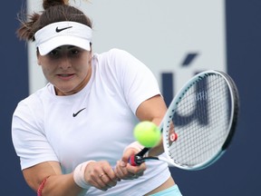 Bianca Andreescu of Canada hits a backhand against Ashleigh Barty of Australia (not pictured) in the women's singles final in the Miami Open at Hard Rock Stadium on Saturday.