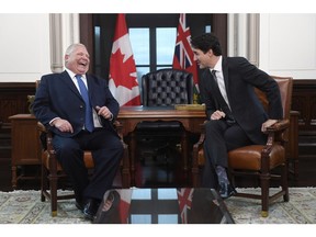 Laughter is the best medicine, right? Ontario Premier Doug Ford and Prime Minister Justin Trudeau share a few giggles in pre-COVID times.
