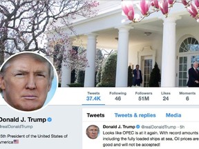 The masthead of U.S. President Donald Trump's @realDonaldTrump Twitter account with a message about OPEC policy is seen on April 20, 2018.