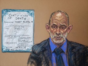The former chief medical examiner of Maryland, Dr. David Fowler, answers questions on the thirteenth day of former Minneapolis police officer Derek Chauvin's trial for second-degree murder, third-degree murder and second-degree manslaughter in the death of George Floyd in Minneapolis, Minnesota, U.S. April 14, 2021 in this courtroom sketch.