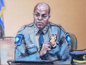 Minneapolis Police Chief Medaria Arradondo answers questions on the sixth day of the trial of former Minneapolis police officer Derek Chauvin for second-degree murder, third-degree murder and second-degree manslaughter in the death of George Floyd in Minneapolis, Minnesota, U.S. April 5, 2021 in this courtroom sketch.