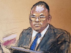 LAPD Sgt. Jody Stiger is cross examined by defense attorney Eric Nelson on the eighth day of the trial of former Minneapolis police officer Derek Chauvin for second-degree murder, third-degree murder and second-degree manslaughter in the death of George Floyd in Minneapolis, Minnesota, U.S. April 7, 2021 in this courtroom sketch.