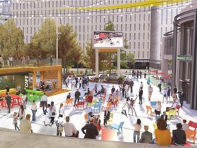 Management of the World Exchange Plaza in downtown Ottawa is proposing a redesign of the landmark outdoor space along Metcalfe Street. The concept includes a massive video screen and a "pop-up" retail building with an overhead boardwalk.