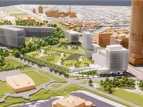 Design concept for the new Civic campus of The Ottawa Hospital. (The current campus can be seen in the background, top of photo.)