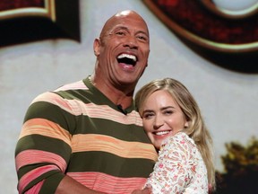 Dwayne Johnson and Emily Blunt of 'Jungle Cruise' took part in the Walt Disney Studios presentation at Disneys D23 EXPO 2019 in Anaheim, Calif.  'Jungle Cruise' will be released in U.S. theatres on July 24, 2020.