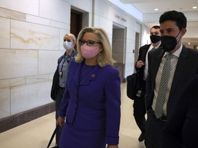 Rep. Liz Cheney (R-WY) arrives for a caucus meeting in the U.S. Capitol Visitors Center on May 12, 2021 in Washington, DC.