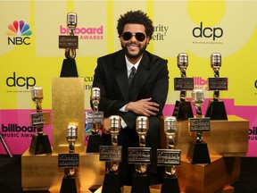 LOS ANGELES, CALIFORNIA - MAY 23: The Weeknd, winner of the Top Artist Award, Top Male Artist Award, Top Hot 100 Artist Award, Top Radio Songs Artist Award, Top R&B Artist Award, Top R&B Album Award, Top Billboard 200 Album Award, Top Hot 100 Song Presented by Rockstar Award, Top Radio Song Award, and Top R&B Song Award poses backstage for the 2021 Billboard Music Awards, broadcast on May 23, 2021 at Microsoft Theater in Los Angeles, California.