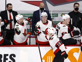 Ottawa Senators left wing Tim Stuetzle (18) celebrates his third- period goal against the Winnipeg Jets at Bell MTS Place, May 8, 2021.