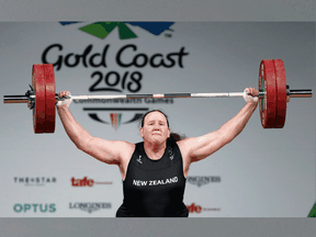 Laurel Hubbard of New Zealand competes in the 2018 Commonweath Games.