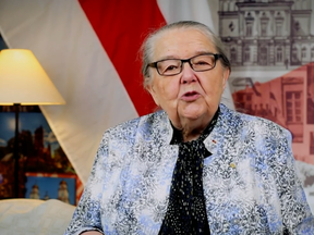 Ivonka Survilla, the 85-year-old President of the Belarusian Democratic Republic in Exile, delivers a November video address from Ottawa.