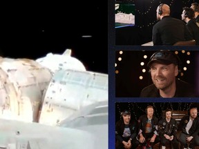 Members of Coldplay watch the view from the window of International Space Station during an interview with French ESA astronaut Thomas Pesquet (not pictured), in this still image from an undated handout video obtained by REUTERS on May 6, 2021.