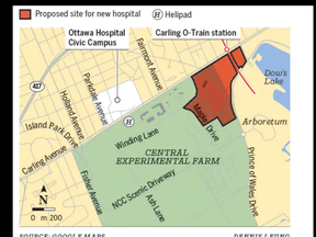 The Ottawa Hospital intends to build its new Civic campus on a patch of the Central Experimental Farm near Dow's Lake (shown in red). The originally selected site was directly across from the current Civic.