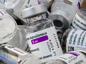Empty vials of Oxford/AstraZeneca's COVID-19 vaccine amid a vaccination campaign,