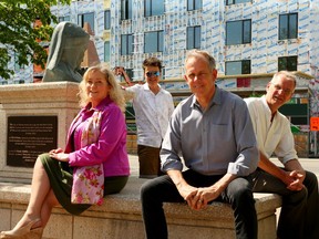 L to R: Catherine Lindquist, PAL, Catherine McKenney, OCH Chief Development Officer Cliff Youdale, and Peter Haworth, Ottawa Chair of PAL. An agreement has been reached to provide a block of affordable housing units for aging arts workers in a proposed new development at Gladstone & Booth.