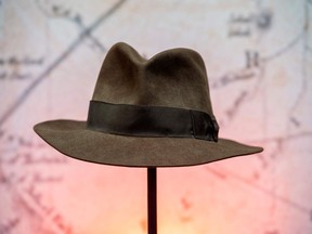 Harrison Ford's Indiana Jones' fedora hat from the movie "Indiana Jones & the Temple of Doom" is exhibited during a press preview of Prop Store's Iconic Film & TV Memorabilia on May 14, 2021, in Valencia, California.