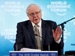 Naturalist Sir David Attenborough delivers a speech as he receives a Crystal Award, during an opening ceremony of the World Economic Forum (WEF) in Davos, Switzerland, January 21, 2019.