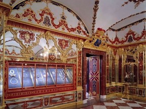 This undated photo provide by the State Art Collection in Dresden on Monday, Nov. 25, 2019, shows the Jewellery Room of the Green Vault with the display cases, left, showing the part of the collection that was affected by the robbery early Monday, Nov. 25, 2019 morning in Dresden. (Staatliche Kunstsammlungen Dresden/David Brandt via AP)