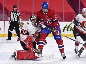 May 1, 2021;  Montreal Canadiens forward Eric Staal (21) screens Ottawa Senators goalie Filip Gustavsson (32) during the second period at the Bell Centre.