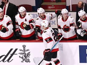 File photo/ Ottawa Senators defenseman Artem Zub (2) celebrates his goal against Montreal Canadiens with teammates during the first period at Bell Centre.