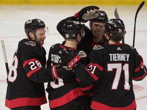 May 5, 2021; Ottawa, Ontario, CAN; The Ottawa Senators celebrate a goal scored by right wing Connor Brown (28) in the third period against the Montreal Canadiens at the Canadian Tire Centre.