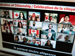 Immigration, Refugees and Citizenship Minister Marco Mendicino, second from top right, leads participants in a virtual citizenship ceremony held over livestream due to the COVID-19 pandemic, on Canada Day 2020.