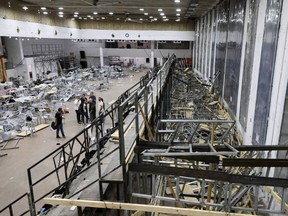 A view inside a synagogue where a grandstand collapsed during a religious celebration in Givat Zeev, in the occupied West Bank, May 16, 2021.