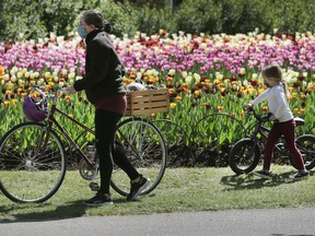 A mother and daughter view some tulips near Dow's Lake in Ottawa.  TONY CALDWELL, Postmedia.