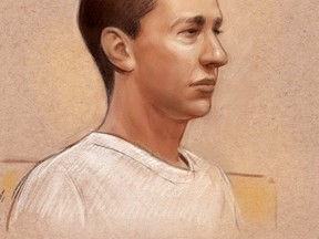 A sketch of Steven Helfer at his sentencing hearing at a court in Ottawa in 2014.