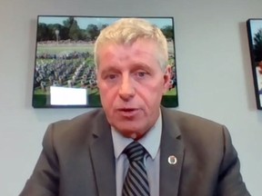 Frank Prevost, the warden of the United Counties of Stormont, Dundas and Glengarry, is shown here in a screen shot from an online media conference in April 2021.