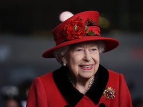 Queen Elizabeth at HM Naval Base ahead of the ship's maiden deployment on May 22, 2021 in Portsmouth, England.