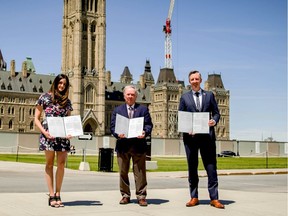 MP Emmanuella Lambropoulos, Senator Jim Munson, and MP Michael Barrett are pictured in front of Canada's Parliament.