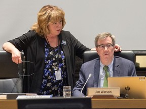 Coun. Jan Harder, left, confers with Mayor Jim Watson, in this file photo from 2019.