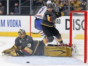 Marc-André Fleury #29 of the Vegas Golden Knights makes a save that leads to a rebound and goal by Jesperi Kotkaniemi (not pictured) of the Montreal Canadiens during the first period in Game Five of the Stanley Cup Semifinals of the 2021 Stanley Cup Playoffs at T-Mobile Arena on June 22, 2021 in Las Vegas, Nevada.