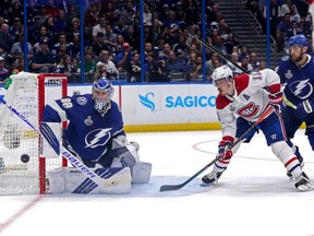 Lightning goalie Andrei Vasilevskiy thwarts Canadiens' Brendan Gallagher during the second period in Game 1 of the Stanley Cup final at Amalie Arena on Monday night.