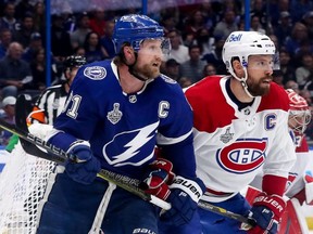 Steven Stamkos of the Tampa Bay Lightning and Shea Weber of the Montreal Canadiens battle for position during the first period in Game One of the 2021 NHL Stanley Cup Final at Amalie Arena on June 28, 2021 in Tampa, Fla.