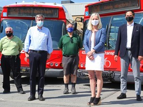 From left to right,  Councillor Allan Hubley, Ottawa Mayor Jim Watson, Councillor Jean Cloutier, Infrastructure Minister and Ottawa Centre MP Catherine Mckenna and OC Transpo's John Manconi were all present for the announcement of a new federal investment in electric buses on June 7, 2021.