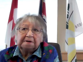Cowessess First Nation Elder Florence Sparvier and Chief Cadmus Delorme discuss the discovery of the unmarked graves of hundreds of people, in a still image from a videoconference in Grayson, Saskatchewan, Canada June 24, 2021.