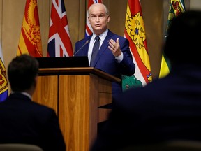 Canada's Conservative Party leader Erin O'Toole speaks during a conservative caucus meeting in Ottawa. June 23, 2021.