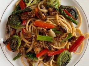 Cicadas in a menu offering that includes other spring ingredients such as fiddleheads and asparagus.